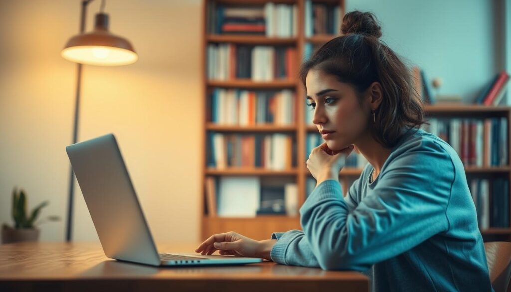 A serene and inviting workspace with a wooden table, a laptop, and a thoughtful person sitting in front of it. The person's face is softly illuminated by a warm overhead light, creating a contemplative atmosphere. In the background, a bookshelf filled with volumes on natural language processing and artificial intelligence hints at the subject matter. The scene is captured with a shallow depth of field, focusing the viewer's attention on the person and their engagement with the task at hand. The overall mood is one of focused introspection, suggesting the process of crafting effective, humanizing prompts for AI language models.