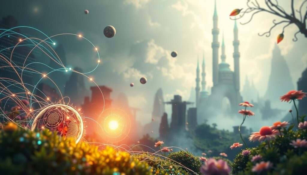 A vibrant and imaginative scene depicting the essential elements of AI-powered storytelling. In the foreground, a glowing orb of light represents the core of the AI system, surrounded by swirling data streams and lines of code. In the middle ground, abstract shapes and forms suggest the narrative arcs and character development that emerge from the AI's processing. The background is a dreamlike landscape, with towering structures and otherworldly flora, hinting at the boundless creative potential of this technology. The lighting is soft and diffuse, creating a sense of wonder and discovery. The overall mood is one of curiosity, innovation, and the seamless blending of human and artificial intelligence.